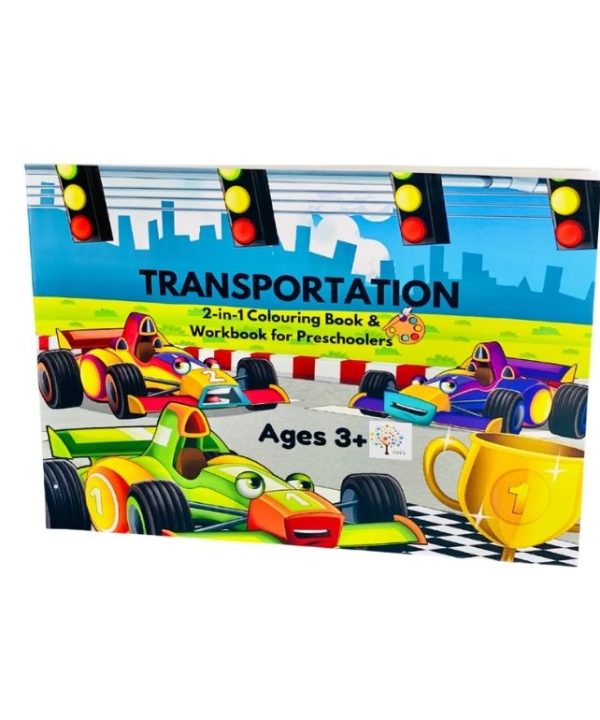 Transportation: 2 in 1 colouring book and workbook